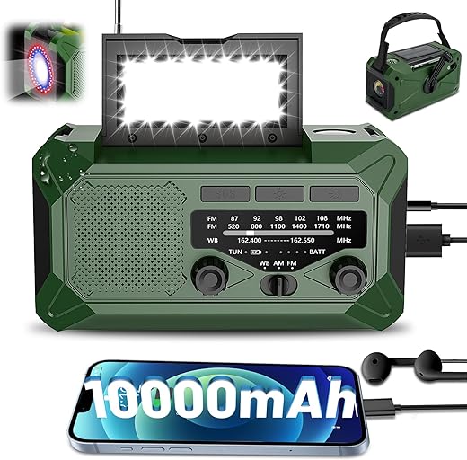 10000mAh Emergency Hand Crank Radio with LED Flashlight, AM/FM NOAA Portable Weather Alert Radio, Solar Powered Radio with Phone Charger, USB Charged, Headphone Jack, SOS Alarm, Compass for Outdoors